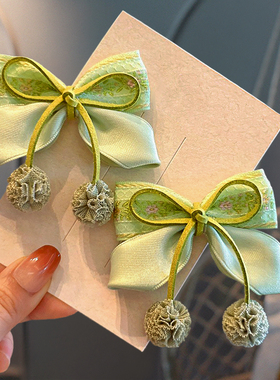 儿童仙气头花布艺蝴蝶结对夹小女孩古风发夹流苏头饰清新绿色田园