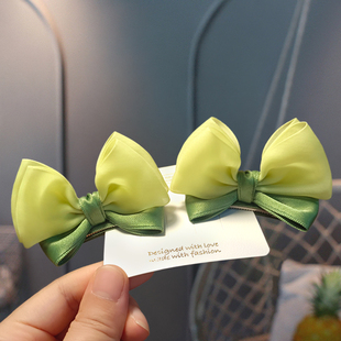 儿童头花网纱立体蝴蝶结小女孩婴幼儿全包布不伤发对夹田园风绿色