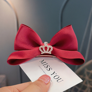 女孩庆生韩国头饰儿童立体蝴蝶结皇冠顶夹高端酒红色公主生日发夹