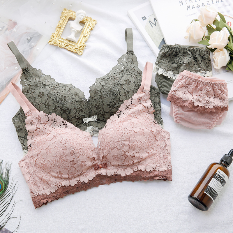 复古风蕾丝少女聚拢日系文胸套装