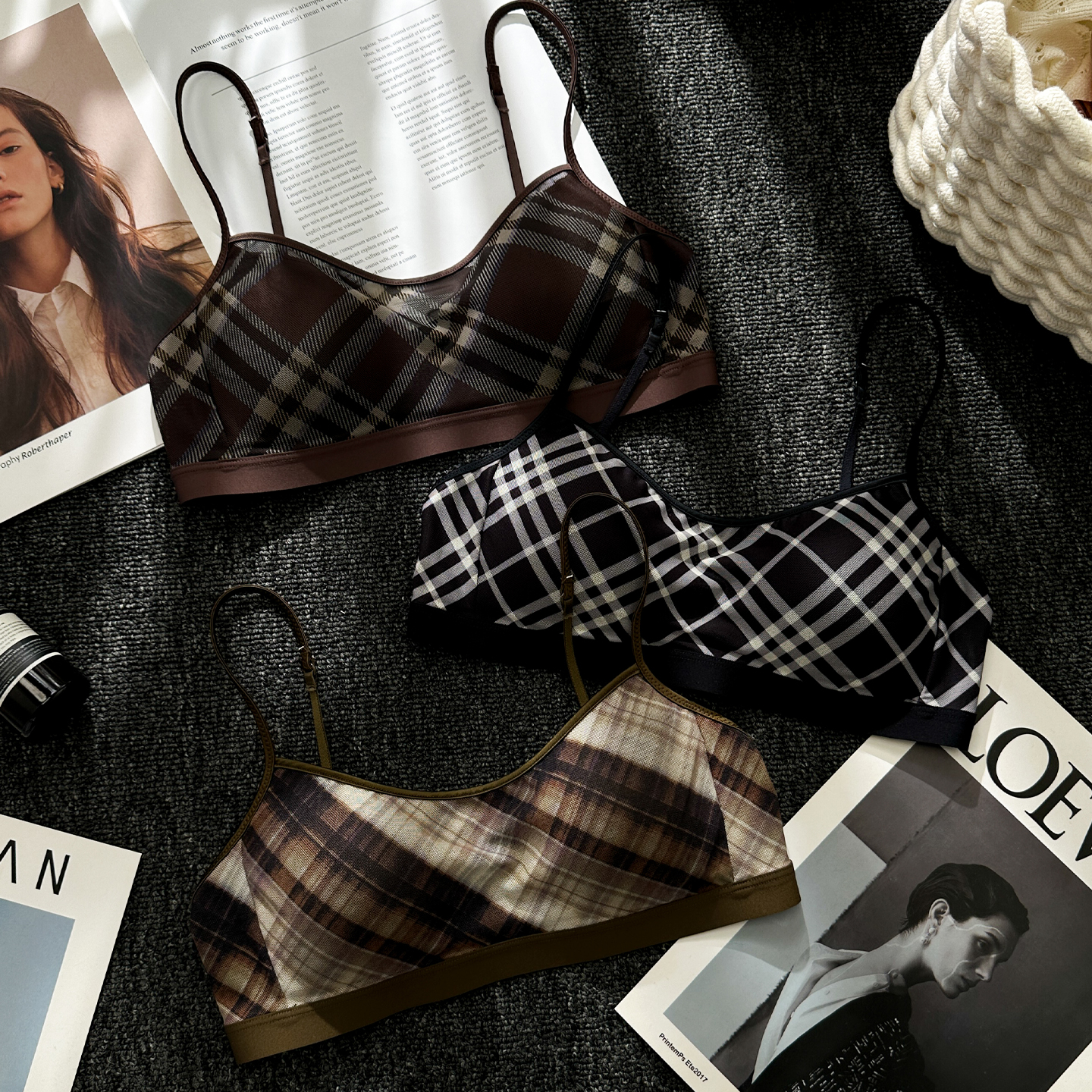 复古菱格纹内衣女小胸无钢圈