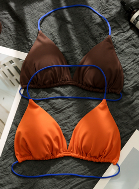 亮橘撞色三角杯细肩带挂脖内衣女海边度假比基尼内搭外穿美背文胸
