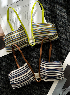 复古条纹小胸深U贝壳杯内衣女性感辣妹外穿比基尼海边度假文胸罩