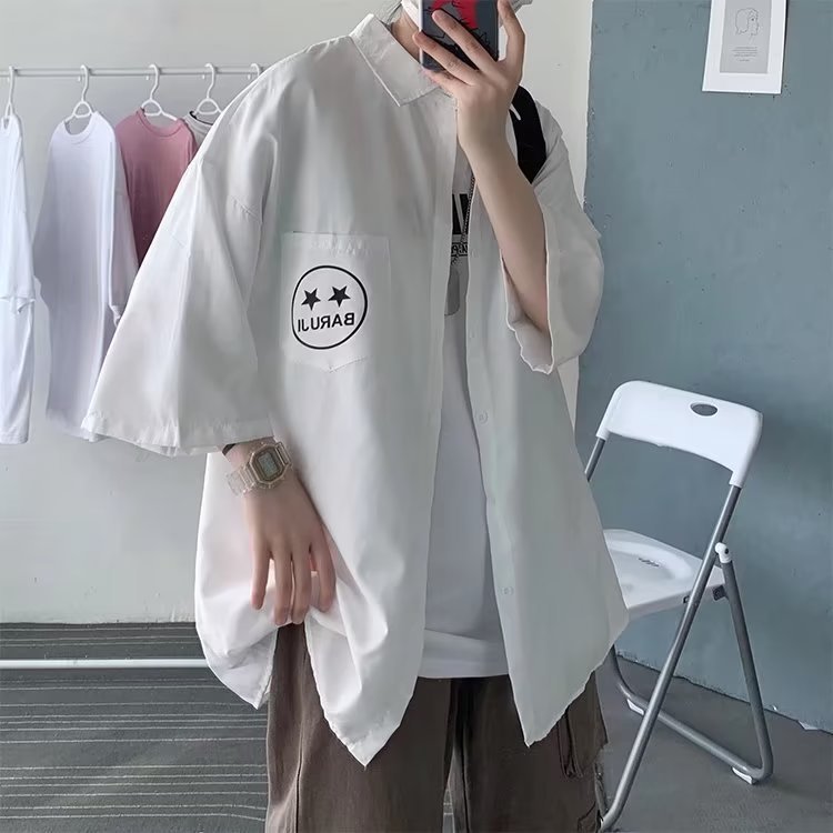 衬衫男短袖夏季薄款宽松冰丝韩版潮ins痞帅港风日系休闲衬衣外套图片