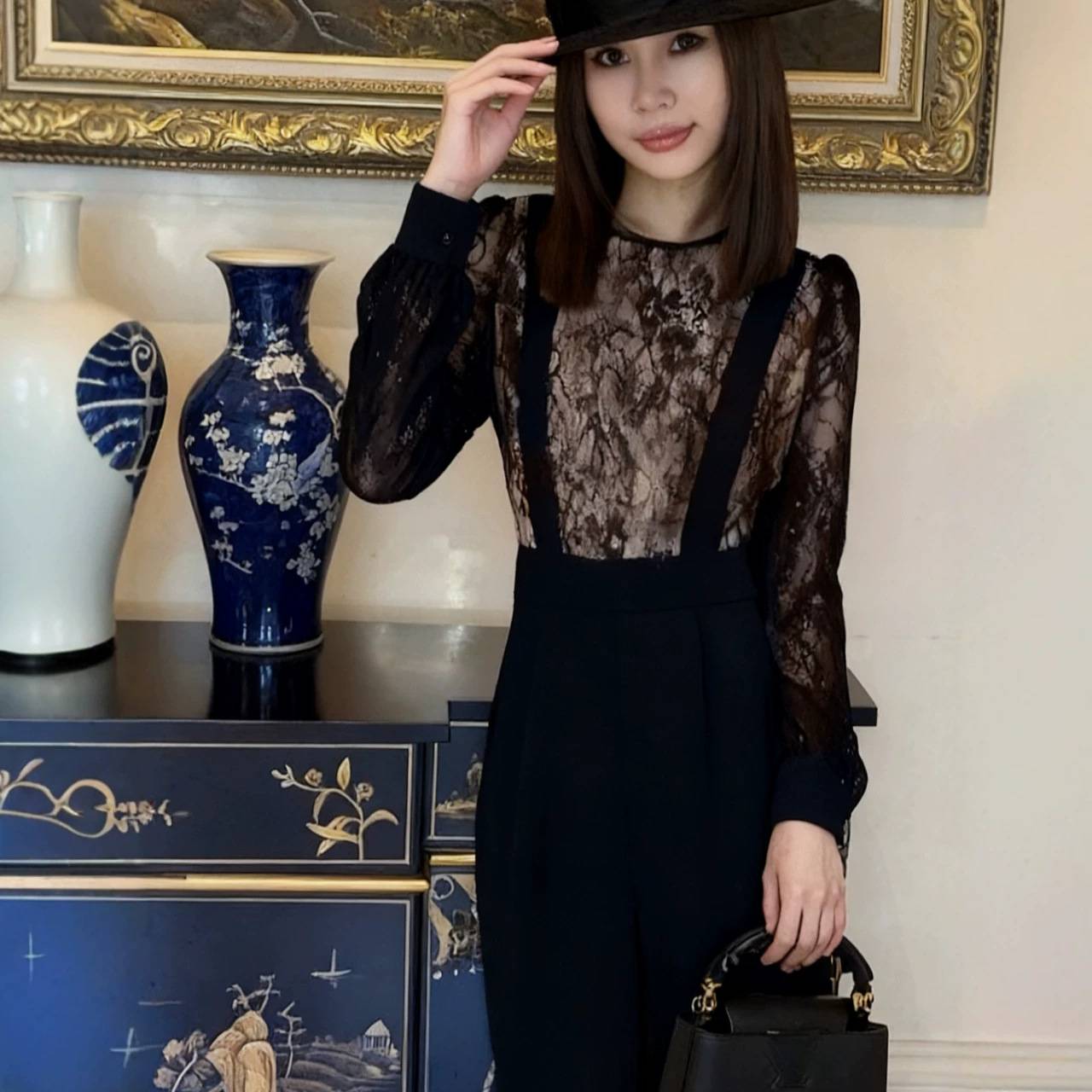 [现货]春秋新款女连体衣小众设计时尚气质蕾丝拼接高腰连体裤长裤