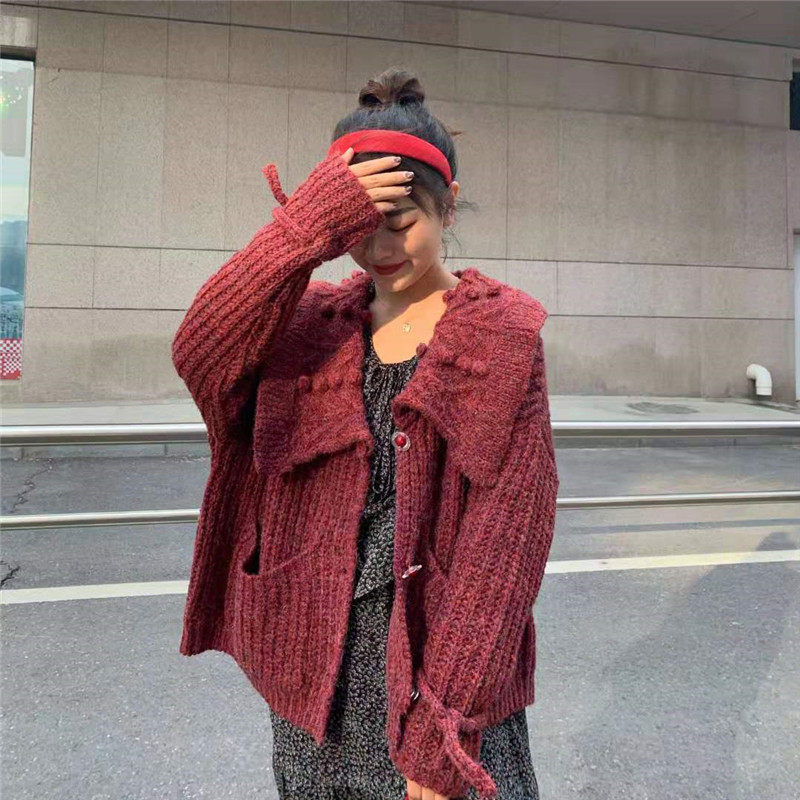 车厘子果酱-酒红复古毛衣海军领宽松针织衫秋秋秋季2020新款