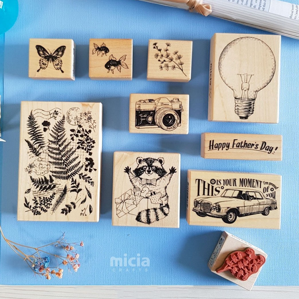 现货 台湾micia美日复古木质印章蕨叶浣熊父亲节金鱼蝴蝶相机灯泡