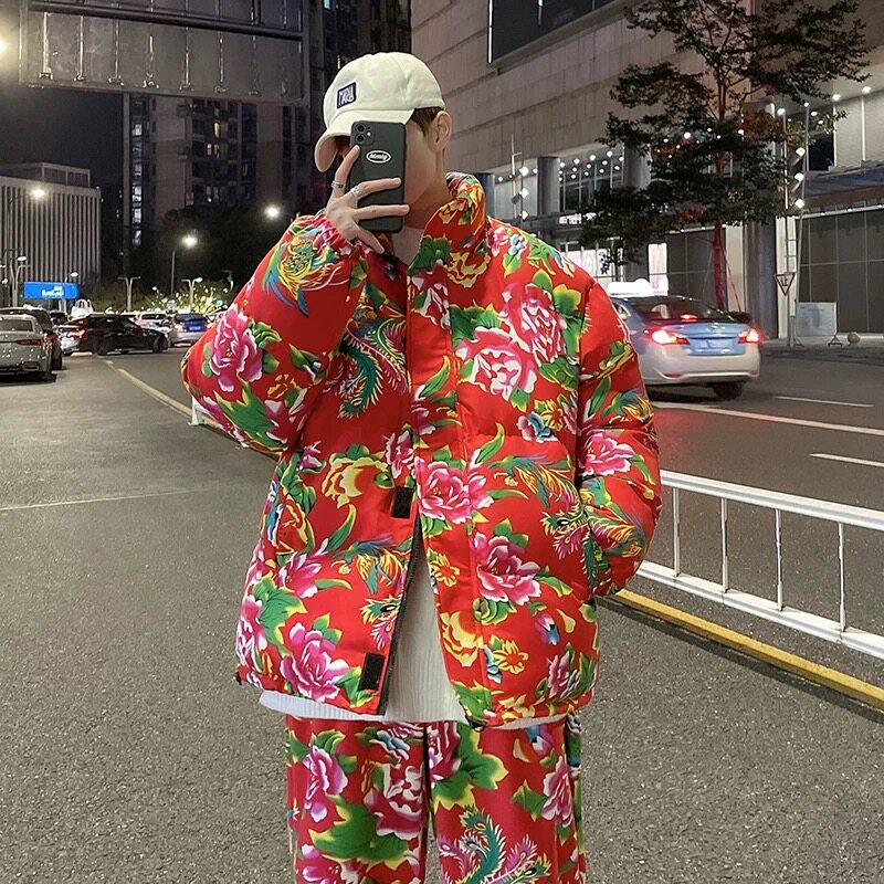 新款中国风东北大花男士加厚棉袄