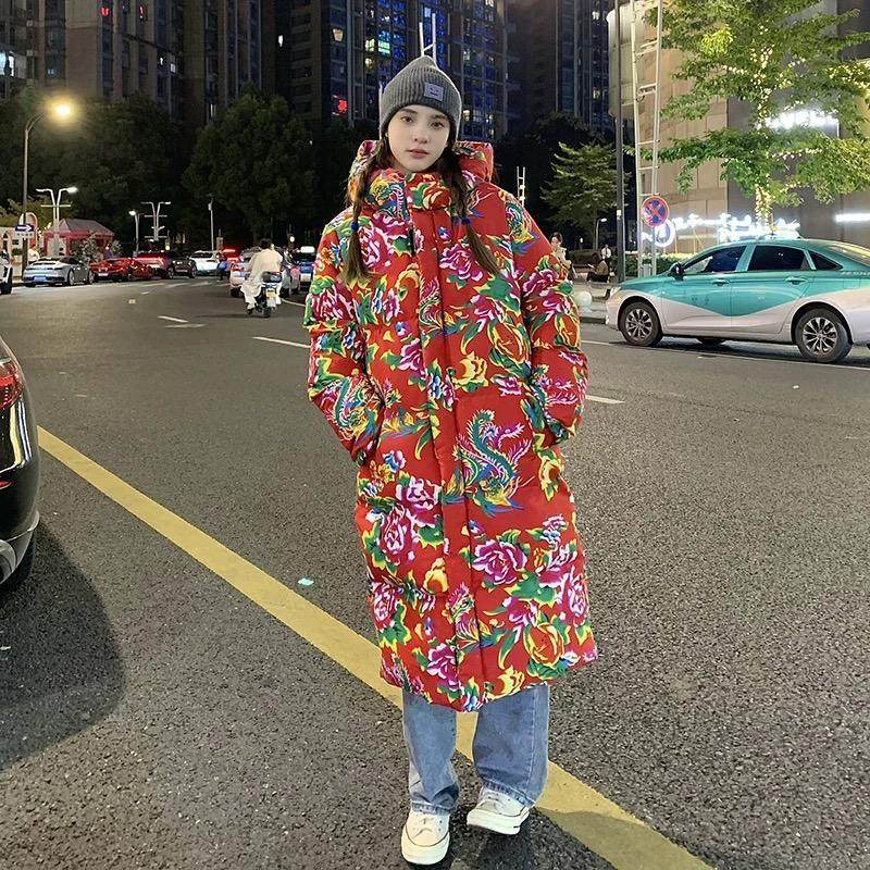 新中式国风中长东北大花布棉袄女2024新款爆款秋冬季加厚大码棉服