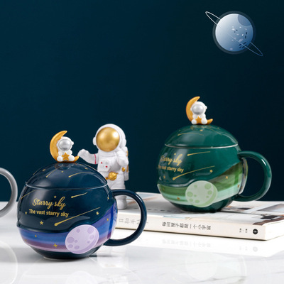 宇航员星球马克杯子陶瓷创意情侣水杯男女可爱办公室咖啡杯带盖勺