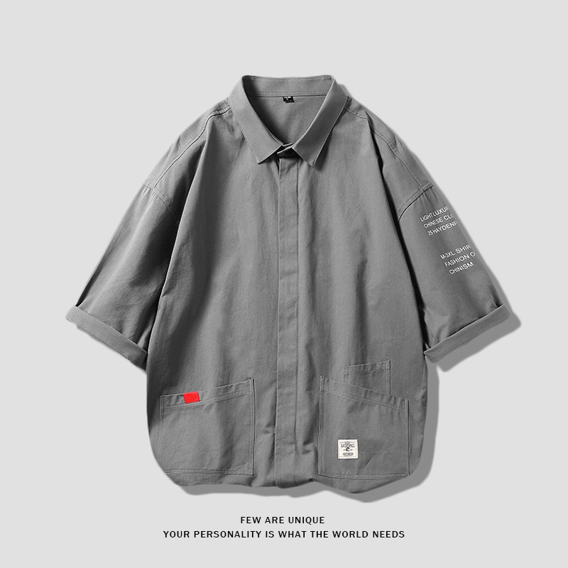 稻草人五分袖衬衫男士夏季纯棉休闲宽松短袖衬衣潮牌ins薄款外套