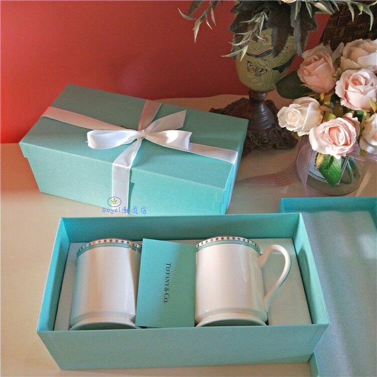 正品tiffany蝴蝶结骨瓷杯子蓝白典雅马克对杯结婚生日乔迁礼物