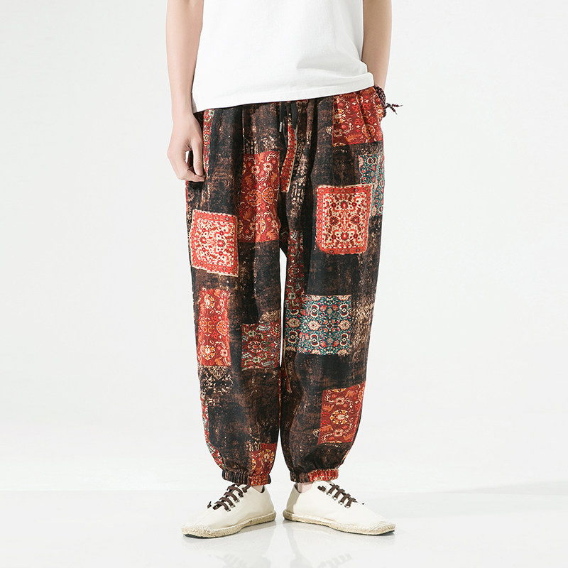 夏季民族风花裤子男士大码宽松哈伦裤风潮流休闲灯笼裤K30P40,男装休闲裤,星座203-3