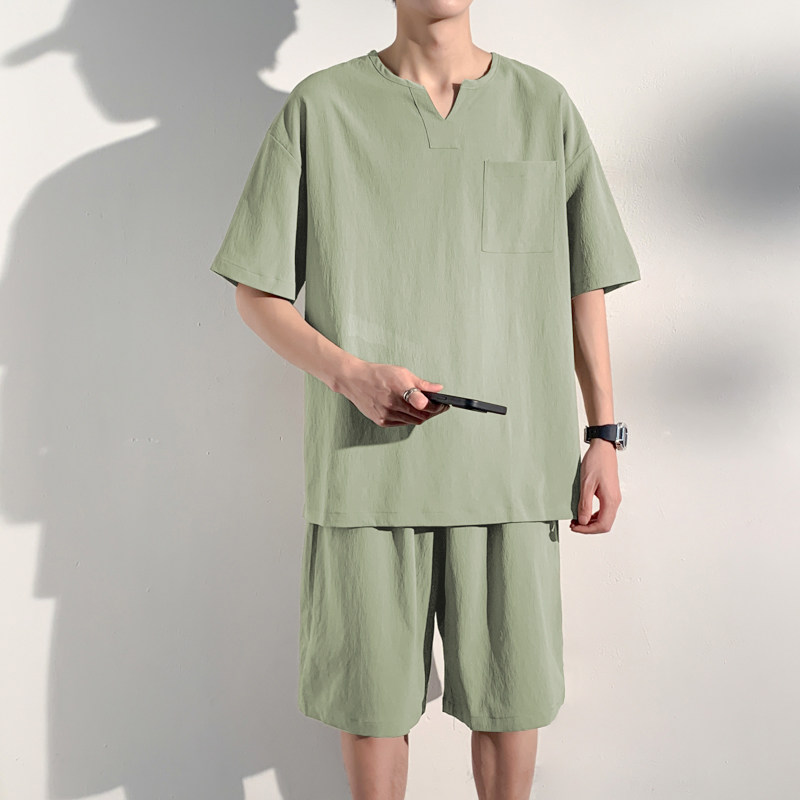 套装男士短袖夏季纯色T恤休闲ins短裤宽松阔腿运动五分裤TZ01P50,男装休闲套装,星座203-3