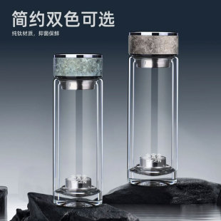 水宜生双层高硼硅玻璃杯一键速开弱碱泡茶杯纯钛滤网透明车载水杯