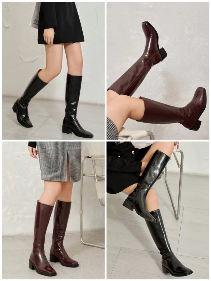 尾dan时尚真皮长筒靴秋冬新款侧拉链中跟方头里外全牛皮及膝靴女