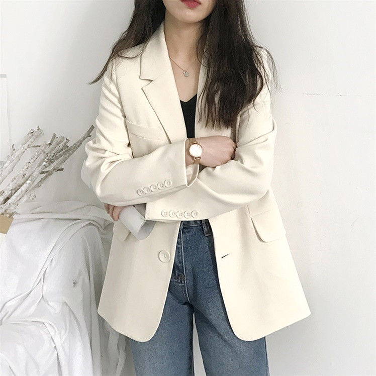 韩版2020米白色西装外套女长袖百搭秋季网红风女上衣宽松chic西服