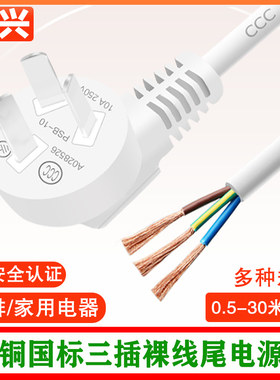 白色国标10A三插头电源线饮水洗衣机插排电源线3芯带线插头3C认证