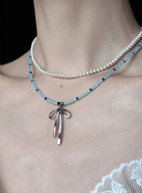 芭蕾少女~蓝色系串珠蝴蝶结项链纯欲风法式锁骨链显白高颜值颈链