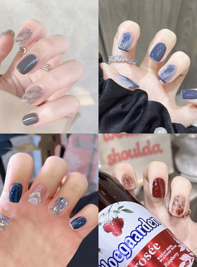 蓝色晕染樱桃24片套穿戴甲美甲贴指甲贴片假指甲成品可拆卸甲指甲