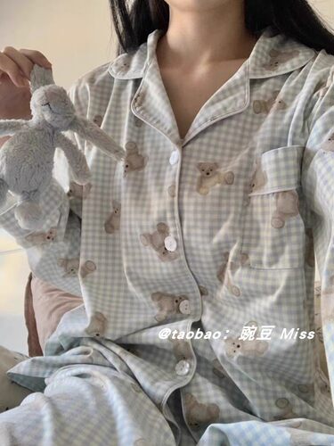 ins风小熊格子睡衣女款春秋