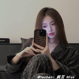韩版高级感豹纹德绒睡衣女秋冬季加厚保暖复古奢华情侣家居服套装