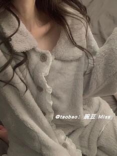 ins网红风蕾丝花边珊瑚绒睡衣女款冬季加绒加厚半边绒保暖家居服