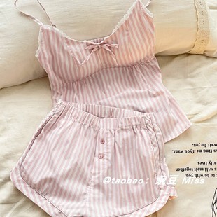 夏季 ins甜美条纹带胸垫吊带睡衣女夏款 高级感纯欲少女家居服套装