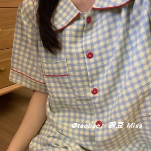 网红学生夏天家居服套装 简约格子睡衣女夏季 短裤 2025新款 外穿 短袖