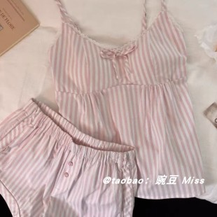 夏季 ins甜美条纹带胸垫吊带睡衣女夏款 高级感纯欲少女家居服套装