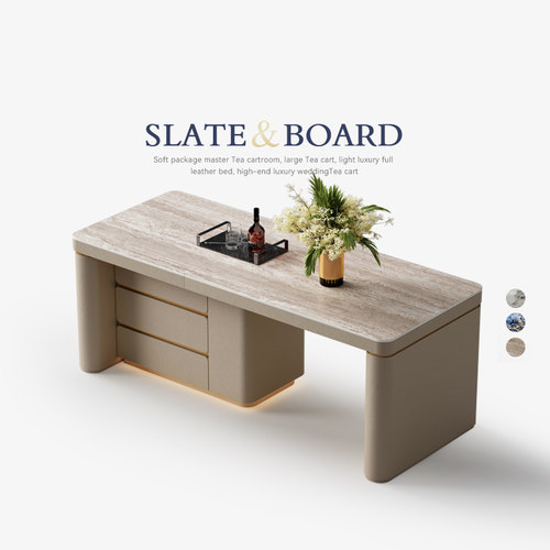 德利丰洞石岩板餐桌电动升降岛台