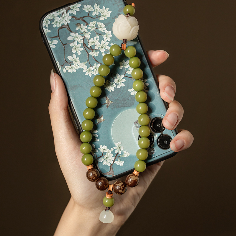 怀朴绿菩提子手机挂链文艺菩提莲花女短款手机挂绳绿色高级手腕款