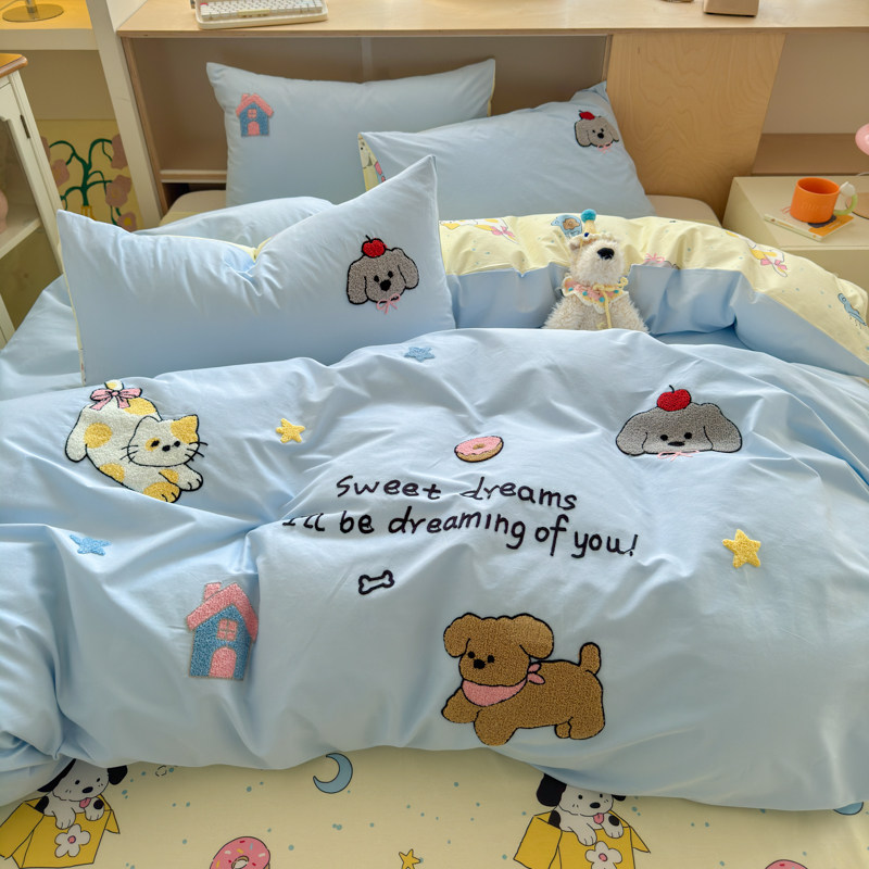 新款四件套全棉毛巾绣四件套卡通条纹四件套纯棉被套床笠款