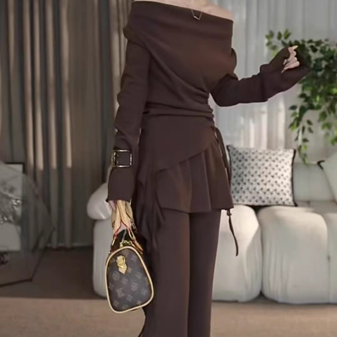 时尚套装女2025早秋季新款露肩长袖上衣高腰包臀微喇裤气质两件套,女装/女士精品,时尚套装,淘宝优惠券,粉丝福利购,淘宝优惠卷