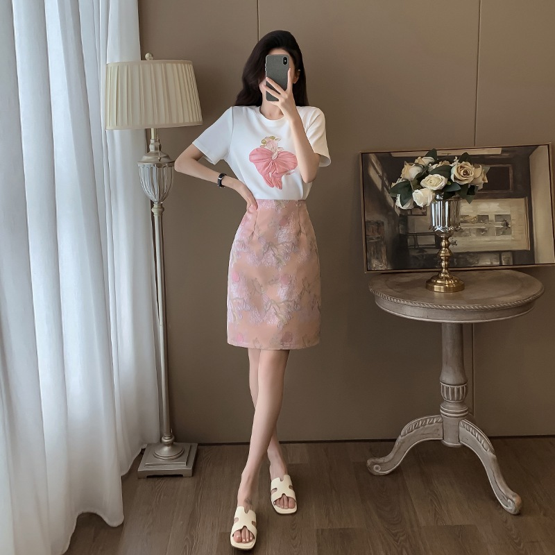 淑女气质休闲时尚套装夏季宽松白色短袖T恤国风半身裙两件套女装