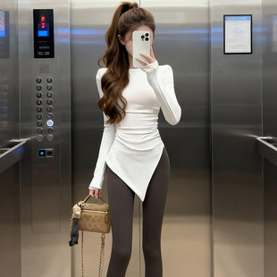 不规则中长款德绒打底衫女秋冬辣妹修身包臀收腰上衣加绒保暖T恤