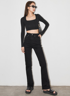 ZUCCOS 1994系列 美式辣妹风BM风高腰直筒微喇牛仔裤女 黑色