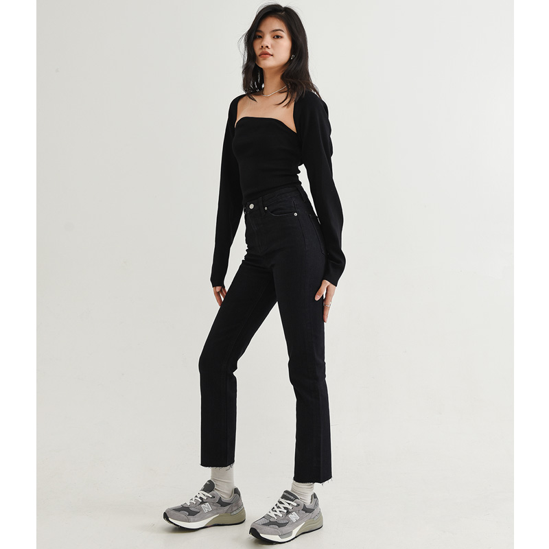 黑色高腰须边裤脚弹力小直筒牛仔