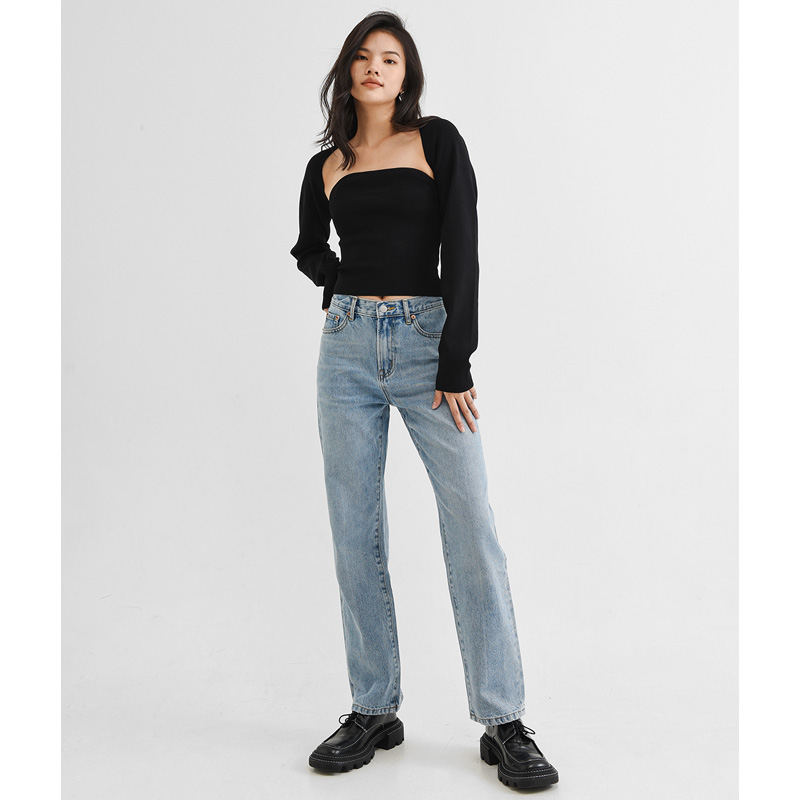 BM风辣妹风宽松浅蓝直筒裤