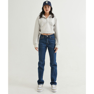 女 长裤 ZUCCOS卓蔻 1994系列舒适弹力宽松高腰直筒显瘦深蓝牛仔裤