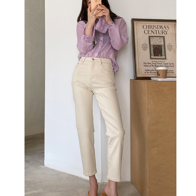 白色牛仔裤直筒四季款显瘦中高腰