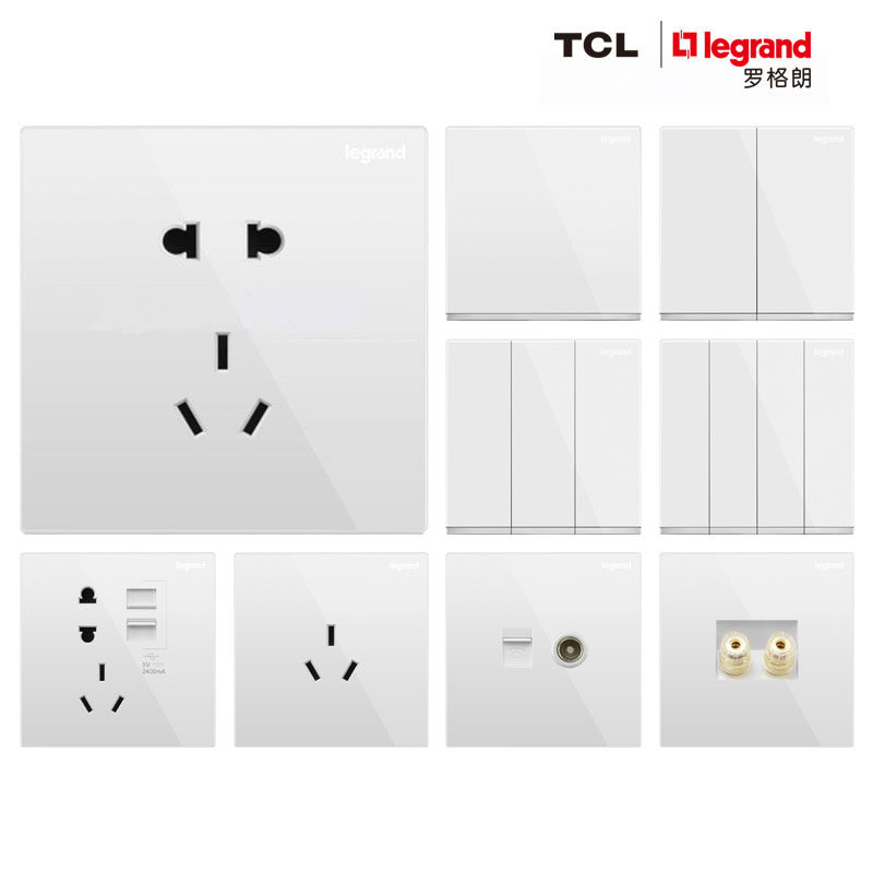 TCL罗格朗逸景玉兰白带LED灯开关二开三开四开单控双控多控音箱插