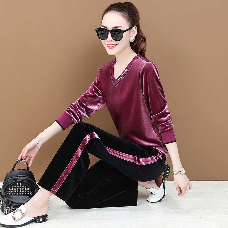 金丝绒套装女2020春秋新款女士时尚气质阔腿裤休闲运动两件套洋气