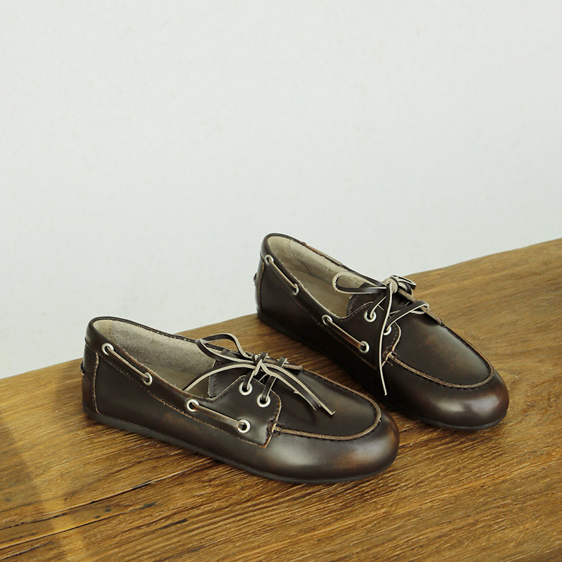 盛先生 擦色牛皮乐福鞋女2025新款冬复古系带平底单鞋软底小皮鞋