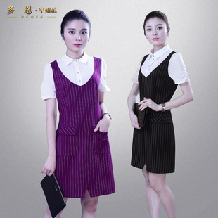 多恩夏季美容师工作服短袖修身连衣裙大码黑色条纹衬衫职业店长服