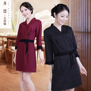 春季新款美容师工作服连衣裙女大码弹力美容师工服收腰显瘦店长服