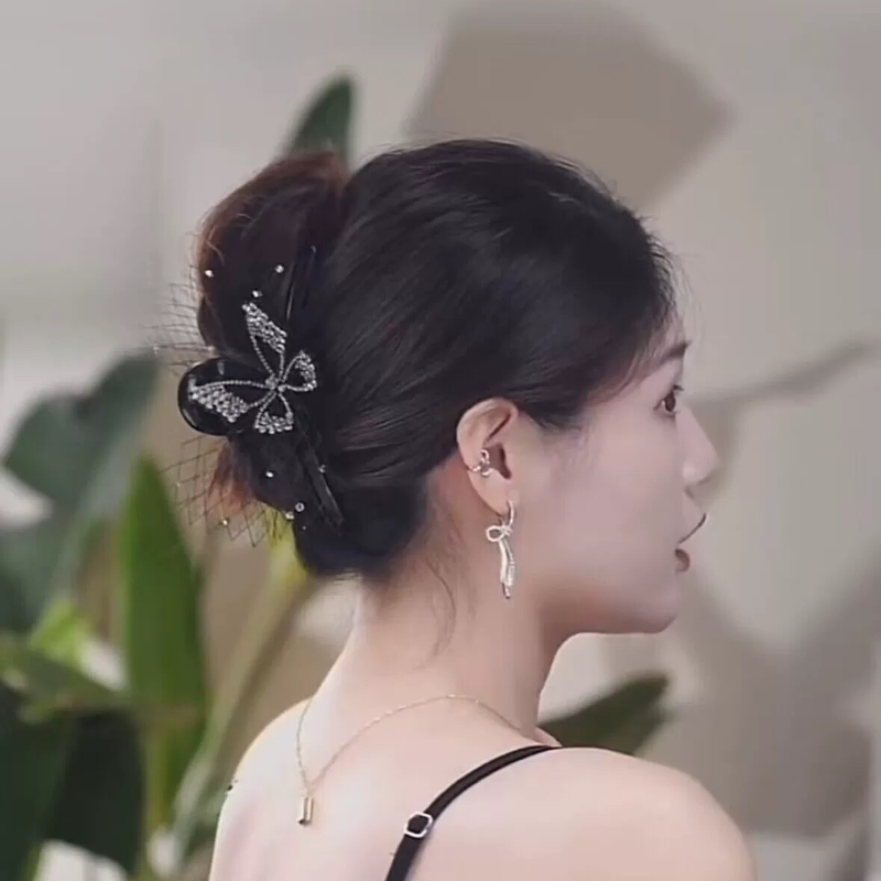 蝴蝶网纱抓夹女2023新款手工满钻发夹精致高级感气质大号夹子头饰