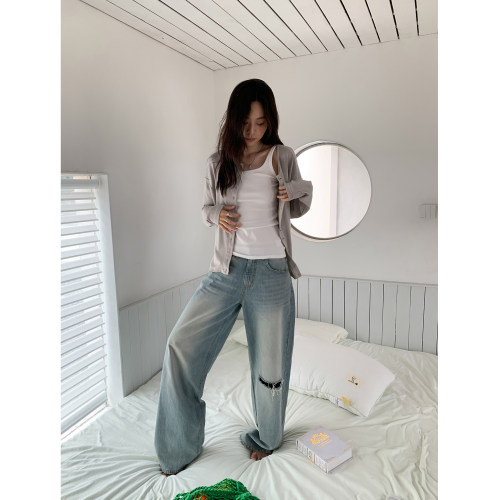四喜家牛仔膝盖割破后背蕾丝阔腿