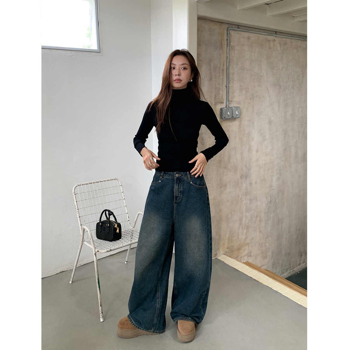 磨毛阔腿牛仔裤女春秋2025新款