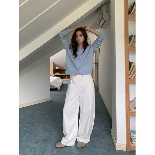 白色立体裁弯刀牛仔裤女宽松休闲